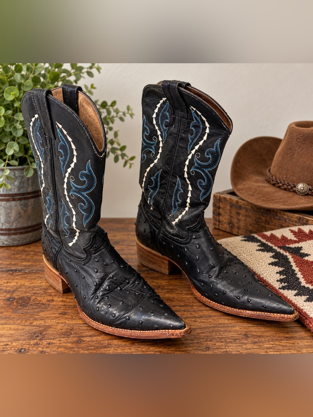 Gran Lider Black Ostrich Embossed Leather Cowboy Boots Mexico Men’s 8